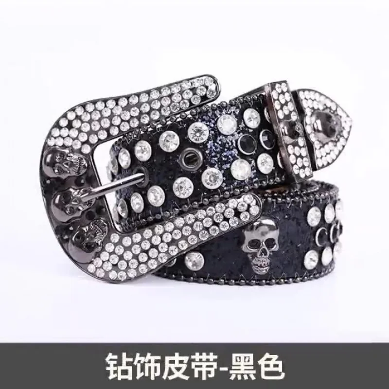 Western Skull Design Rhinestone Rivet PU Leather Men Belt Fashion Jeans Dress Punk Belt for Womens