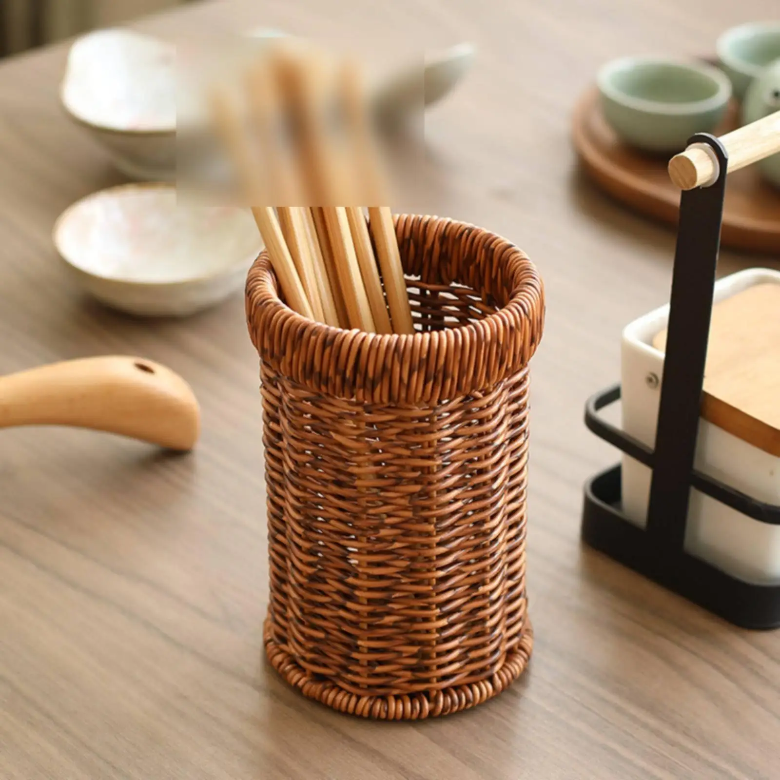Kitchen Utensils Holder with Hand Woven PE Rattan and Iron Frame for Cutlery Storage on Shelf or Table