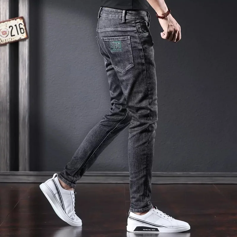 Autumn Casual Black Gray Jeans Men Slim Fit Pencil Pants Fashion Letter Printed Denim Trousers