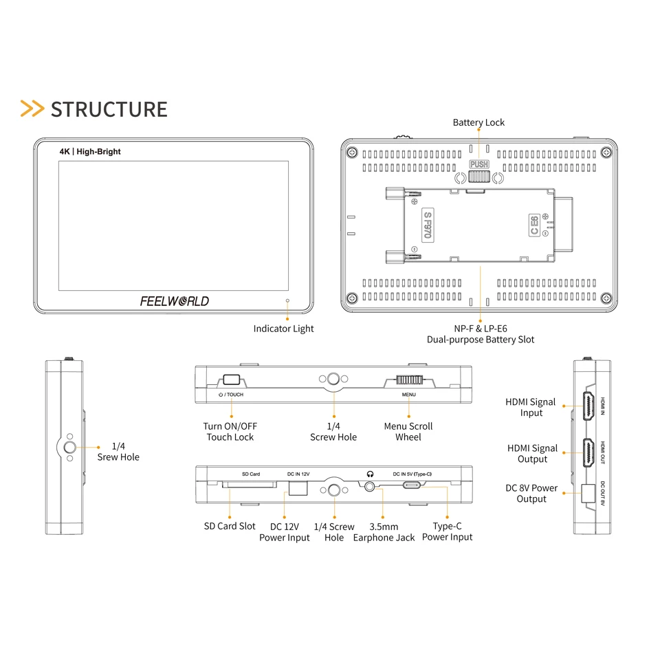 Сенсорный экран FEELWORLD F6 PLUSX, 5,5 дюйма, портативный монитор, точный мониторинг формы волн, камеры DSLR 3D LUT Full HD x