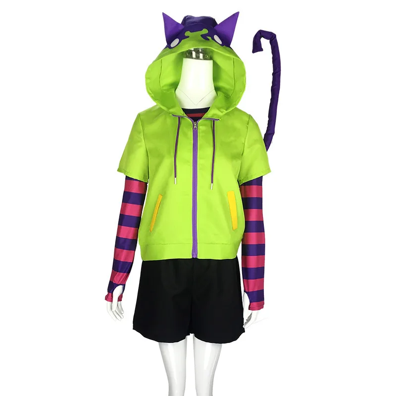 SK8 The Infinity Miya Chinen Cosplay Green Hoodie Set Anime Cat Ear Costume Purple Black Striped Inner Shorts Tail Gloves Suit - view 6