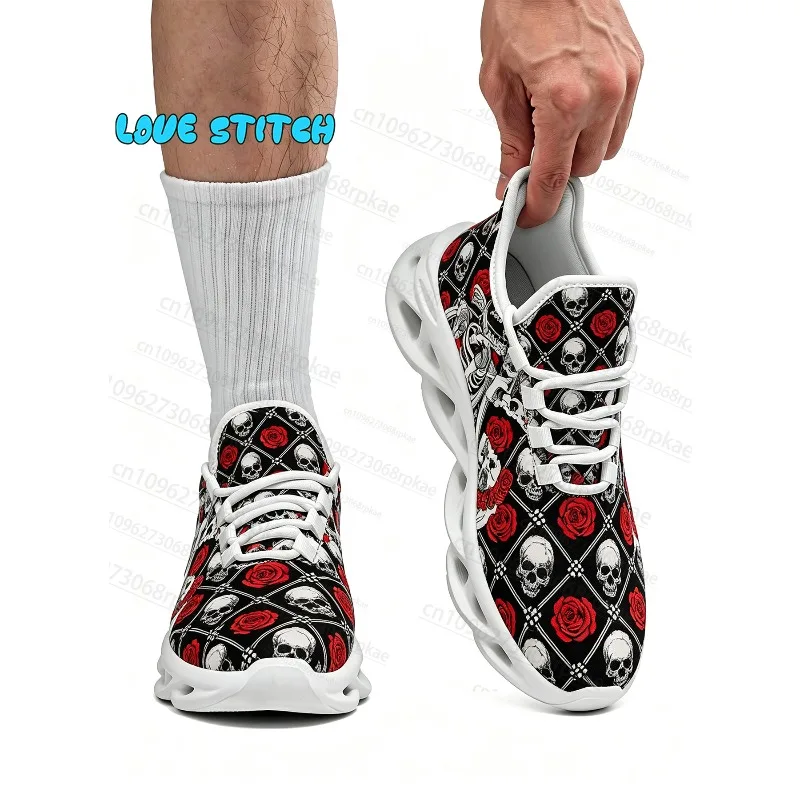 Vintage Grid Skull Rose Full Printed Man Woman Soft Walking Footwear High Quality Fashion Outdoor Workout Lace Up Trainers
