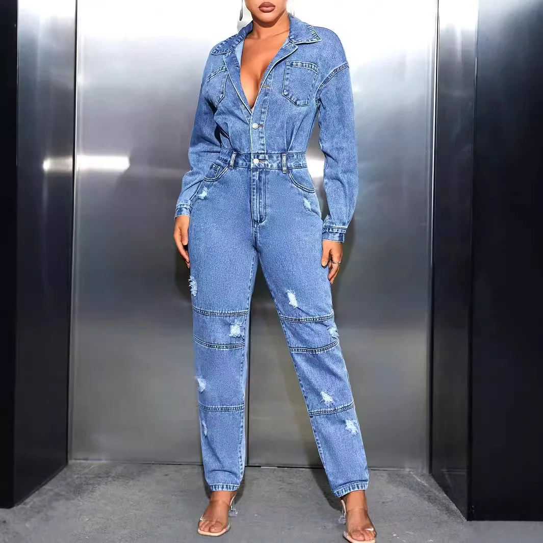 Women Jumpsuit Fall Winter Streetwear Casual Long Sleeved Slim Ripped Denim Jumpsuit Fashion High Waist Straight Jeans Jumpsuit