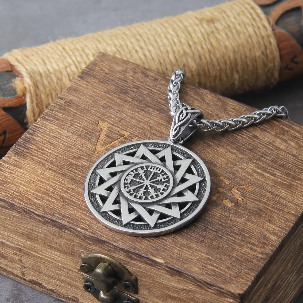 stainless steel Men Necklace Viking Odin Symbol Rune Amulet Ally Chain Compass Pendant Vegvisir Fashion Necklace