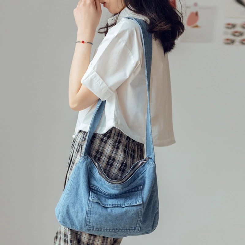 Women Casual Denim Shoulder Bag Retro Teens Girls Crossbody Bag Youth Student School Shopping Daily Handbag Messenger Tote