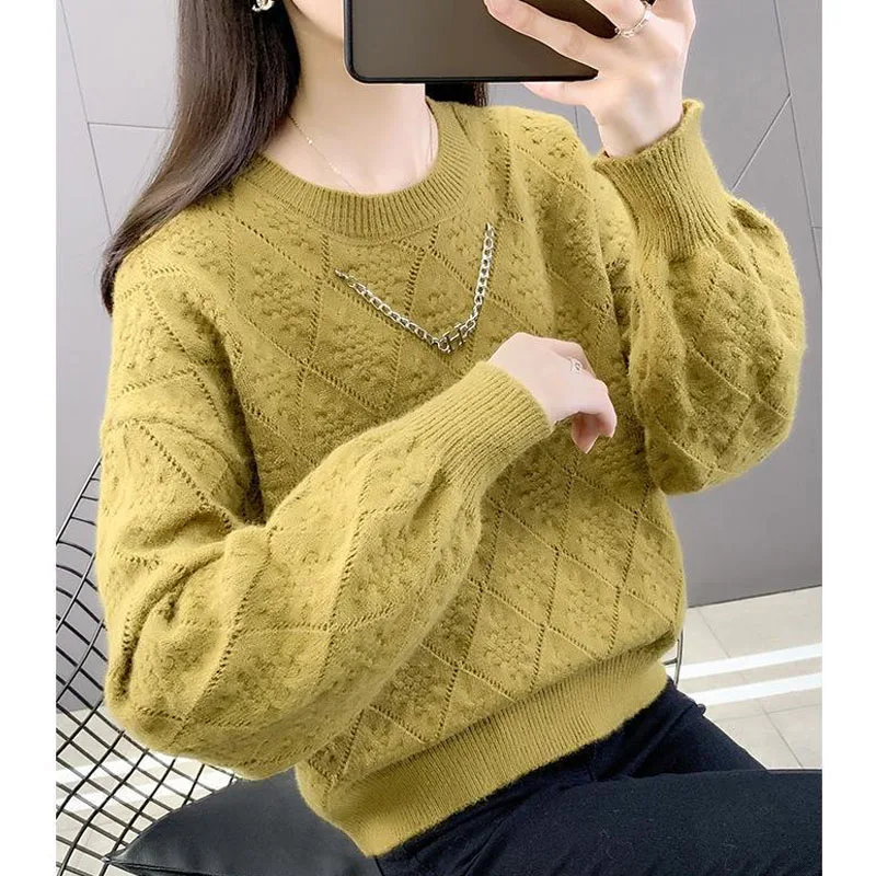 New Autumn/Winter Fashion Korean Edition Solid Jacquard Round Neck Loose and Versatile Foreigner Women\'s Long Sleeve Sweater