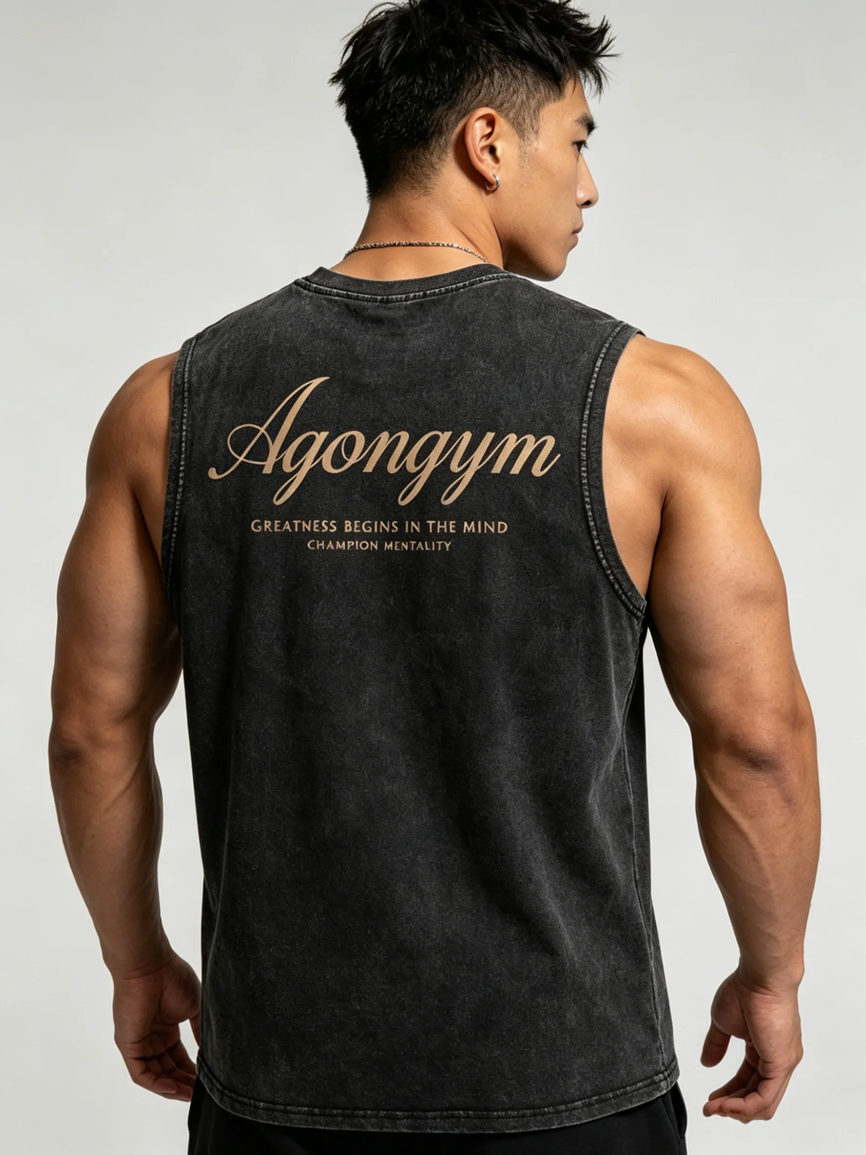 Vintage Acid Washed Agongym Graphic Tank Top For Men Loose Fit Sleeveless Muscle Tee Gym Bodybuilding Training Vest Sports Shirt