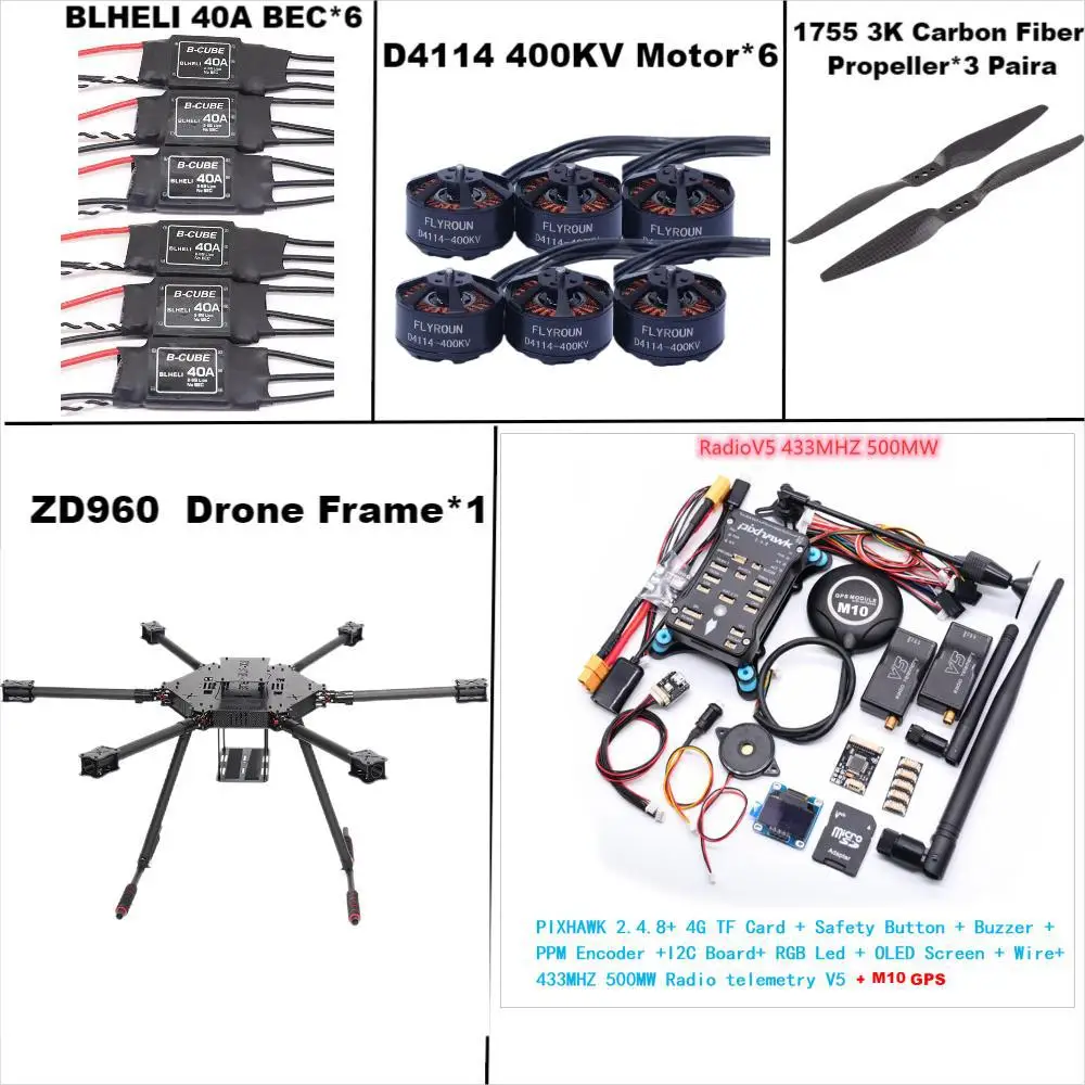 

Рама для шестироторного квадрокоптера Bo Cube ZD960 PIXHAWK 2.4.8 M10 из полностью карбонового волокна, 433 МГц, 500 мВт, V5