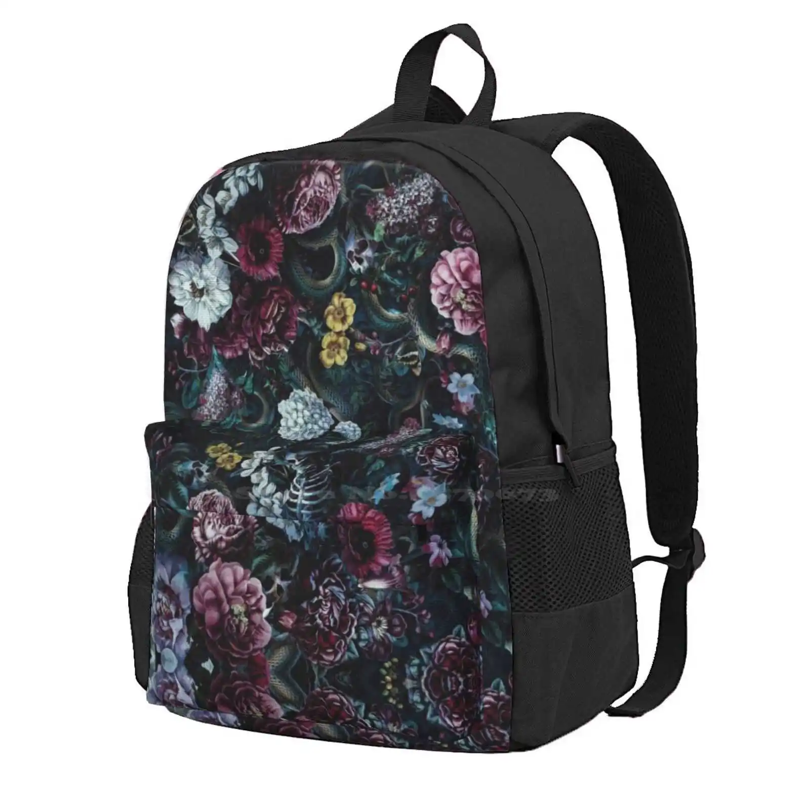 Skulls And Snake Ii Hot Sale Schoolbag Backpack Fashion Bags Skull Snakes Flowers Surrealism Surreal Art Dark Art Dark