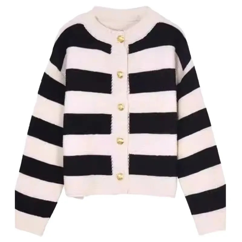 Striped Knitted Cardigan Women's Autumn/winter Button Loose Sweater Women's High End Small Fragrant Striped Knitted Sweat