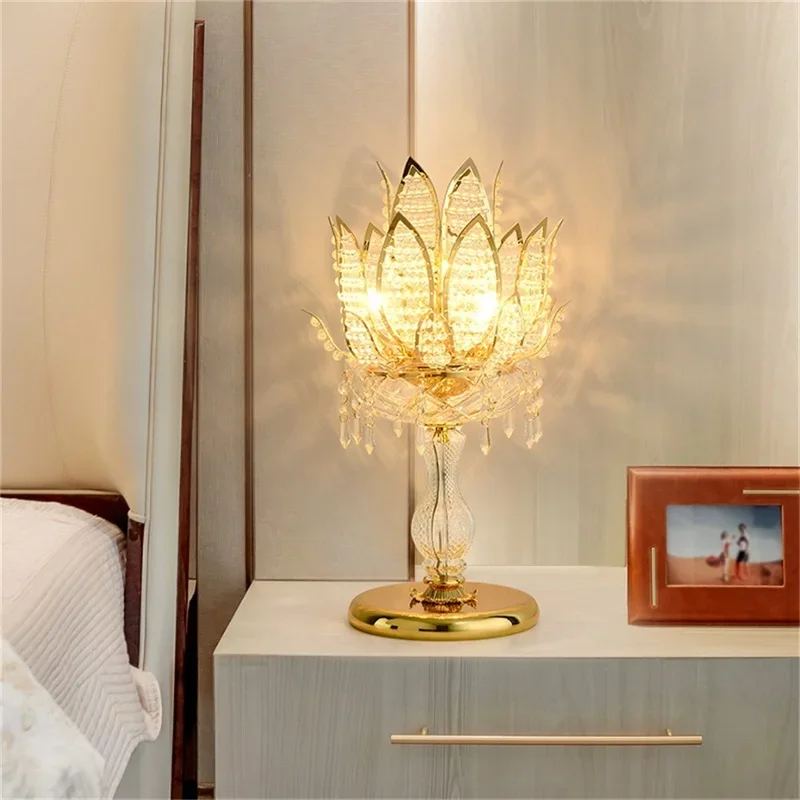 ABEL Luxury Table Lamp Crystal Modern Gold Lotus Creative Decoration LED Desk Light For Home Bedside