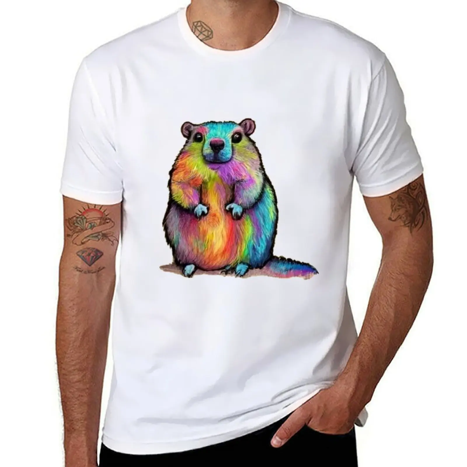 

Rainbow marmot drawn with graphite T-Shirt t shirts designer t shirts for man cotton soft