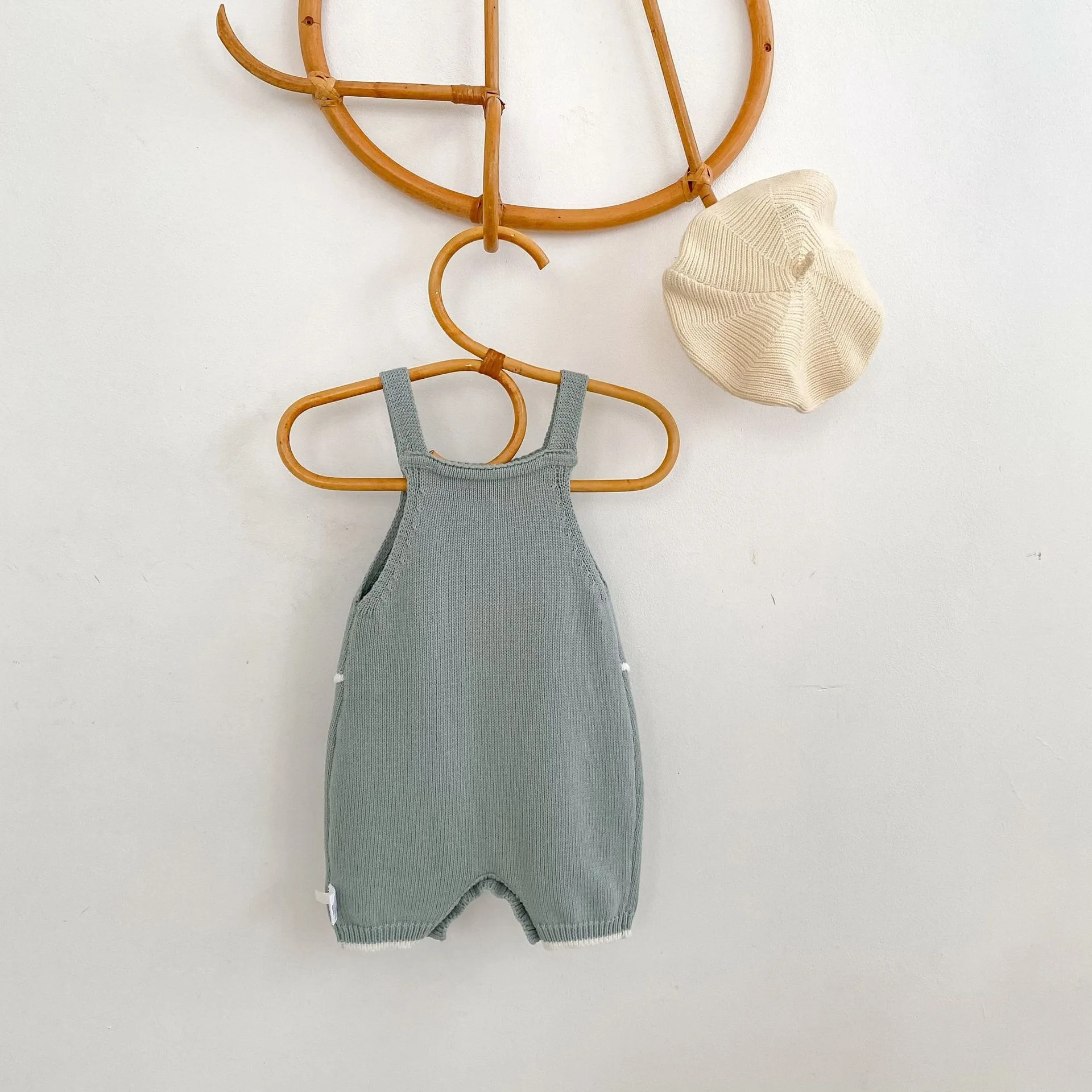 Spring and Autumn Soft Knitted Strap jumpsuit with wool ball and double pockets, snap open crotch