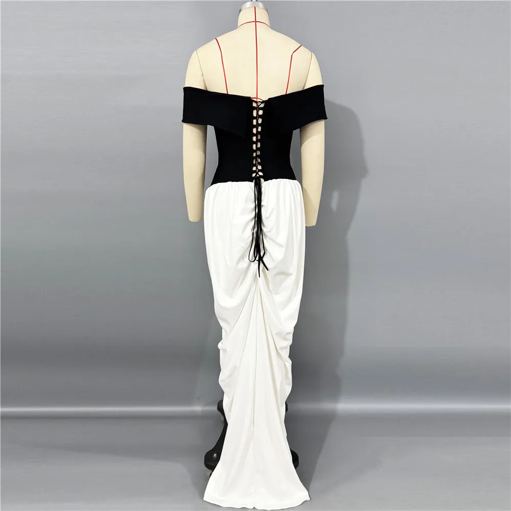 Feminino elegante retalhos bandage vestido sexy fora do ombro plissado roupas celebridade festa maxi vestidos