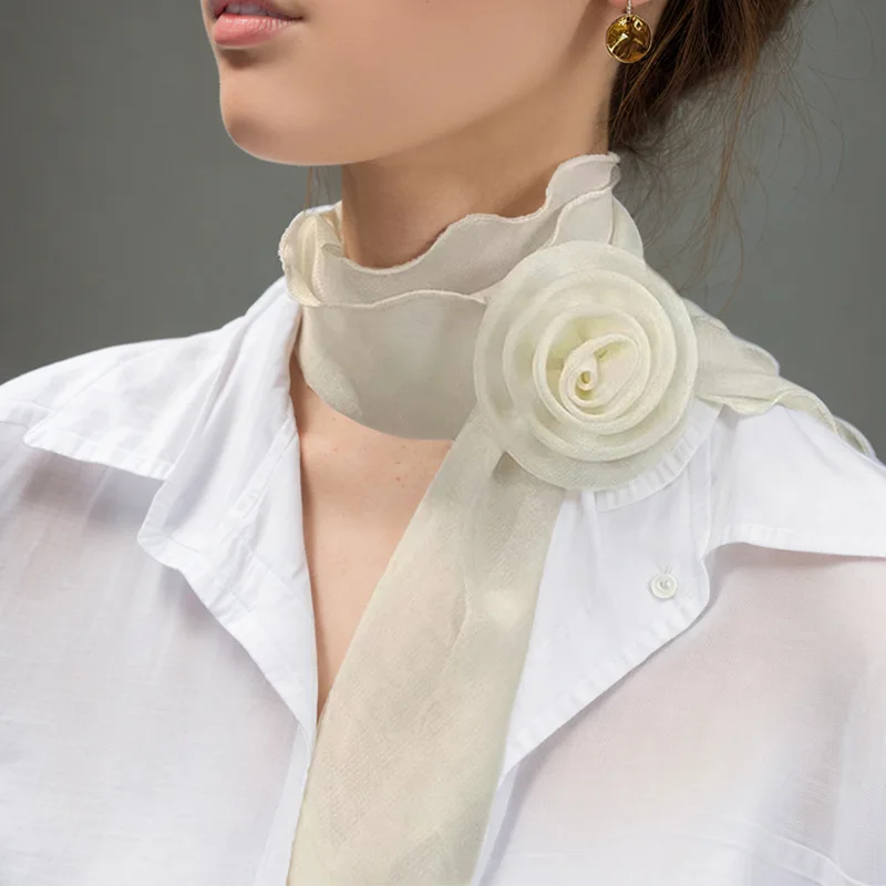 Fashion Women Flower Narrow Scarf 140x14cm Solid Color Chiffon Head Neck Headbands Choker Neckerchief Streamer Lady Accessories