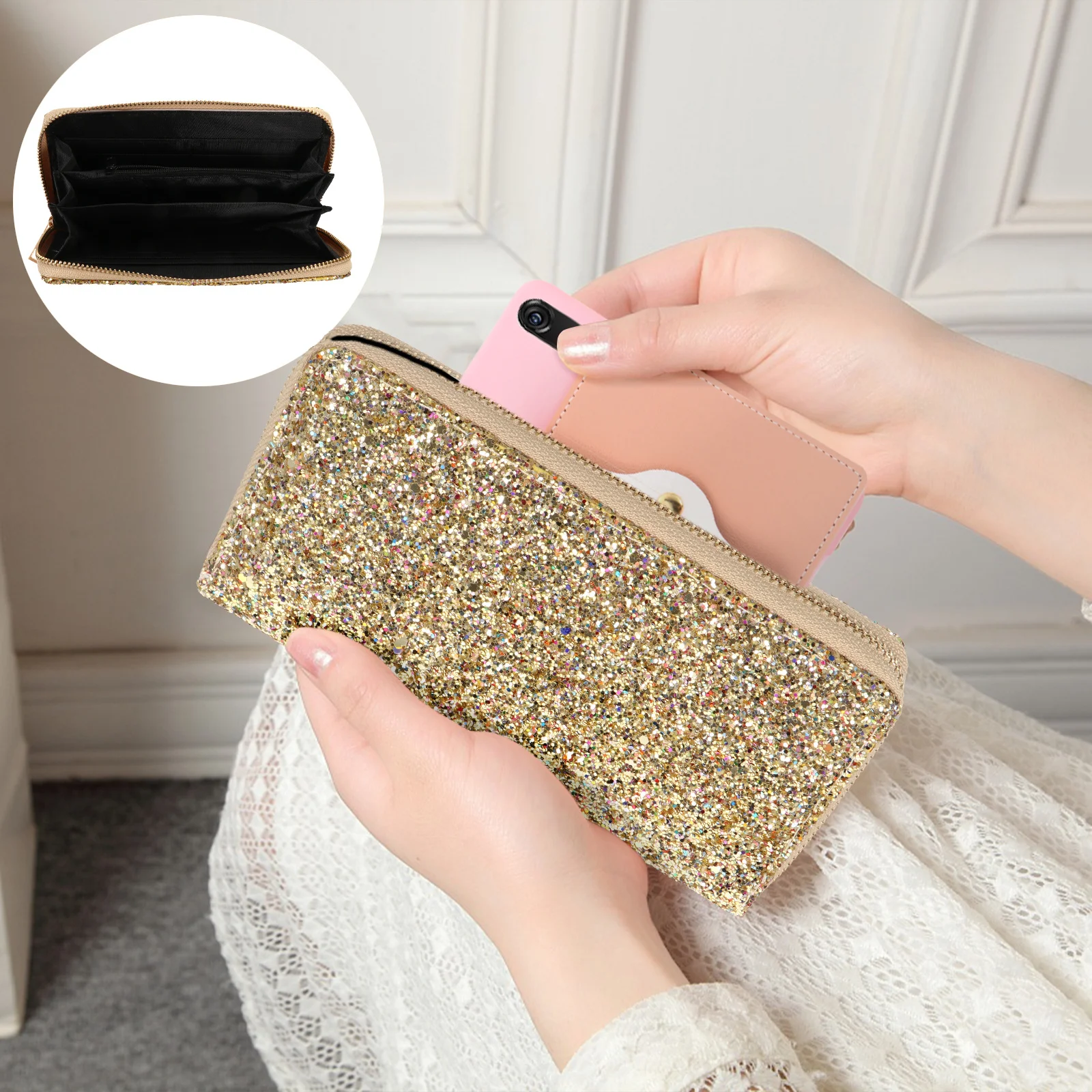 

1Pcs Shiny Women Wallet Creative Stylish Foldable Zippered Purse Portable Fashionable Handbag Card Holder Gift for Women