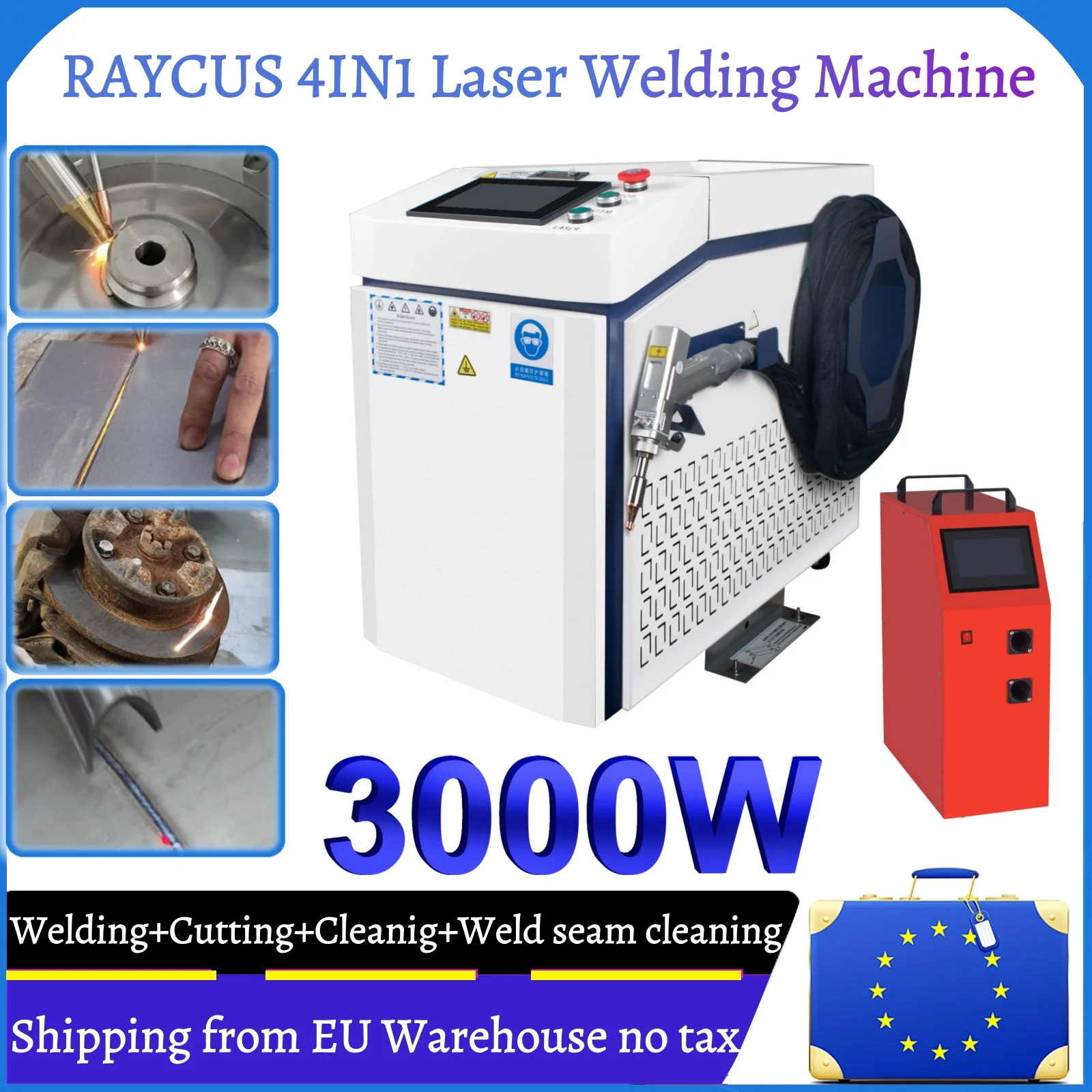 Steuerfreie RAYCUS 3000W 380V 4-in-1 Laserschweißmaschine & Einzel-/Doppeldrahtvorschubgerät zum Metallschneiden und Reinigen mit 10M Kabel SUP-23T Schweißpistolenkopf