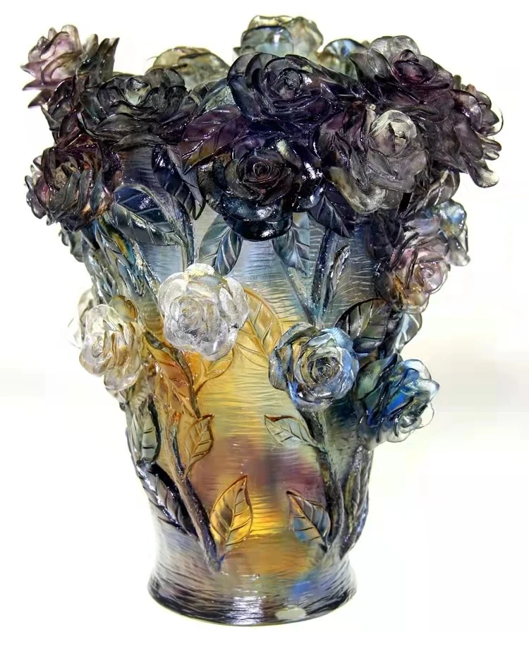 Bas Relief Modelling of Roses Crystal Glass Vase Ice white amber  color for Home furnishing articles