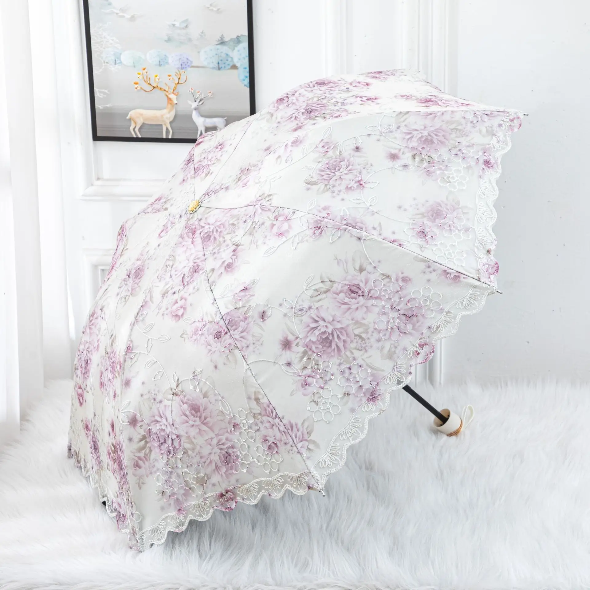 Sunshade Lace Lace Umbrella Double-layer Sunscreen Sunny Umbrella Double 8 Skeleton Three-fold Female Princess Cute UV Umbrella