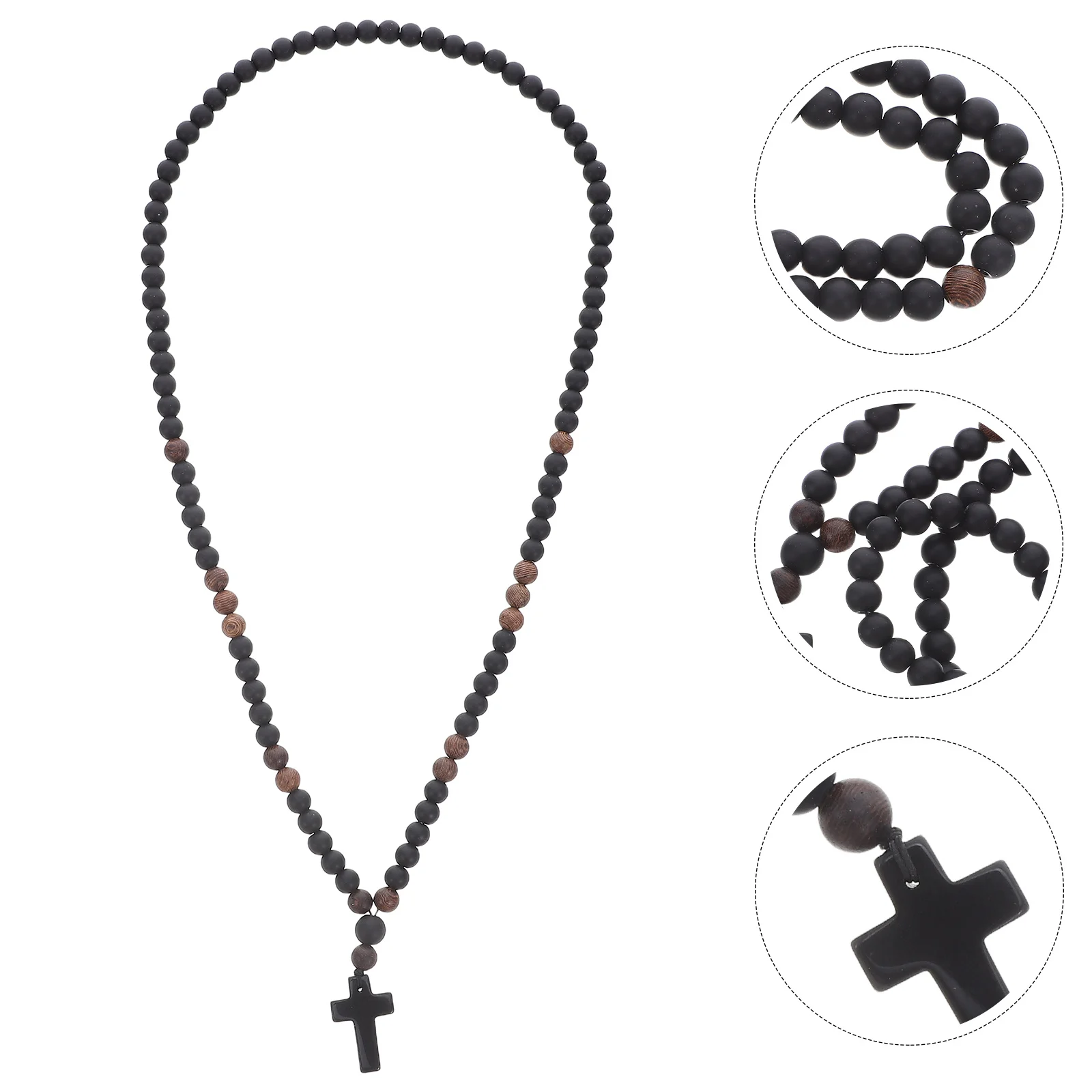 

Beaded Wooden Beads Long Chain Stone Cross Pendant Sweater Style Christian Faith Jewelry for Men Women