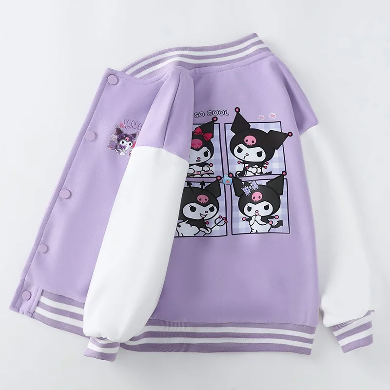 Cardigan princesa dos desenhos animados para meninas, uniforme de beisebol infantil, tops esportivos, jaquetas Miniso Sanrio Kuromi para adolescentes, primavera e outono