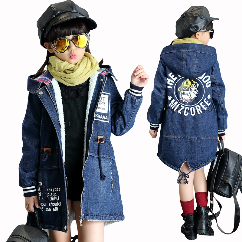 New Winter Girls Jacket Children Denim Jackets Long Warm Clothing Kids Plus Thick Velvet Jacket Cotton Hooded Outwear for Girl