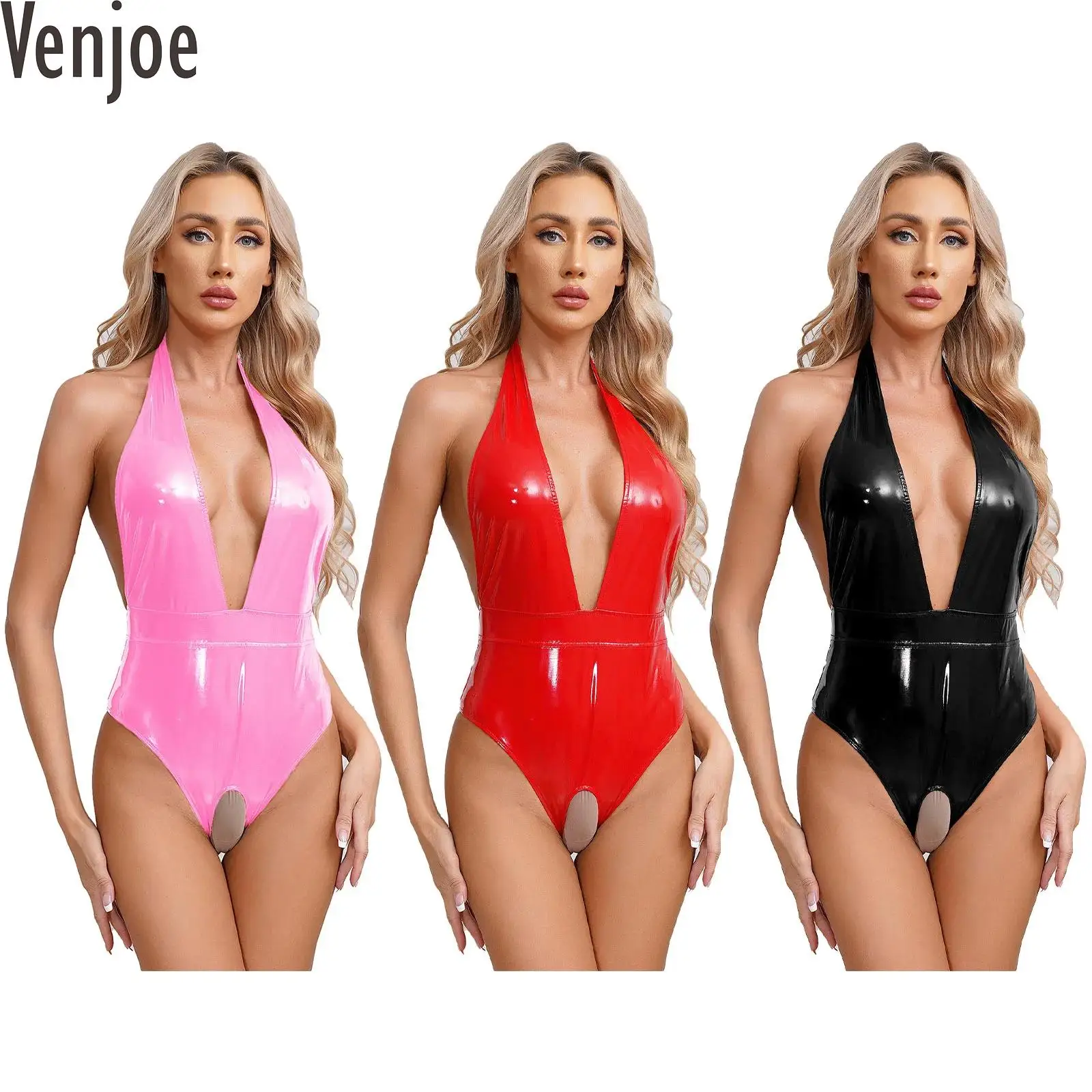 Women Sexy Wet Look Patent Leather Bodysuit Halter Deep V Neck Crotchless High Cut Leotard Backless Rave Party Lingerie Catsuit