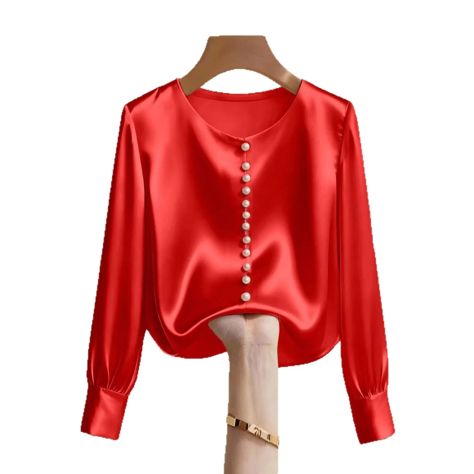 

Летняя свободная блузка с бисером для женщин, модная однотонная красная рубашка с длинным рукавом и круглым вырезом, элегантный топ 2026 года