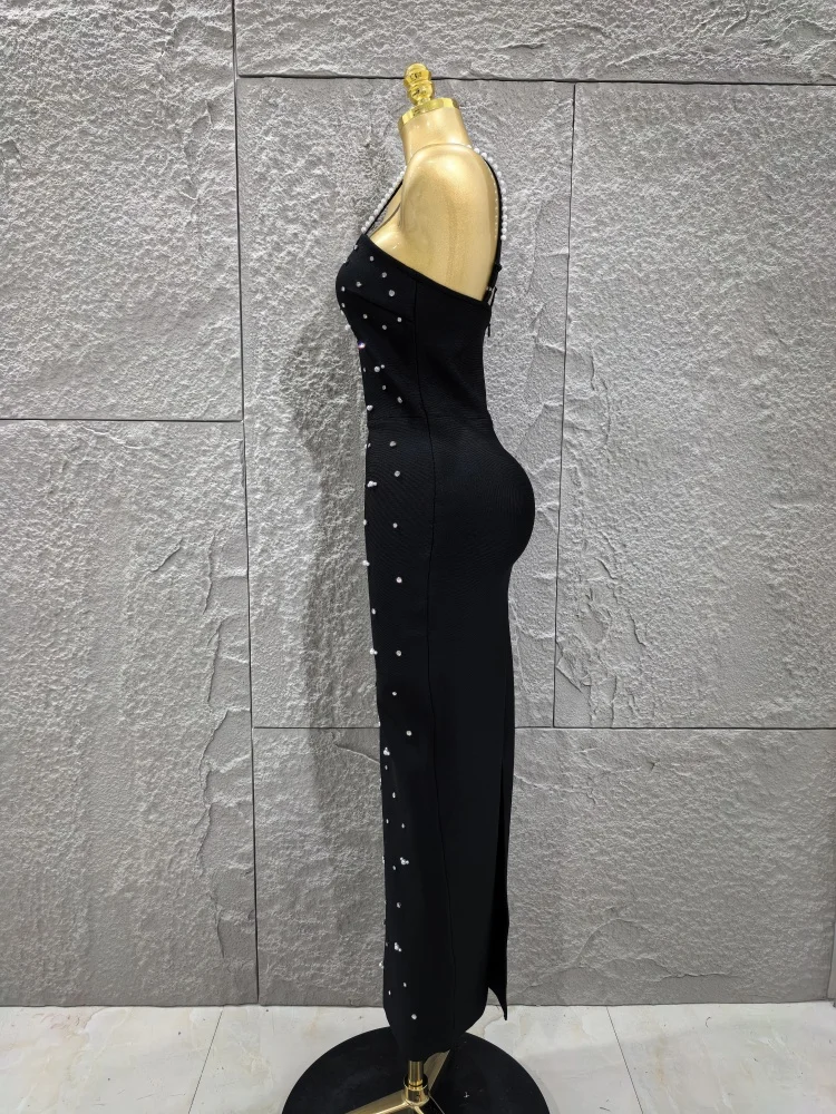 Robe longue à bandes pour femmes, couleur noire, sans manches, bretelles Sexy, col carré, moulante, élégante, tenue de soirée, de célébration d'anniversaire