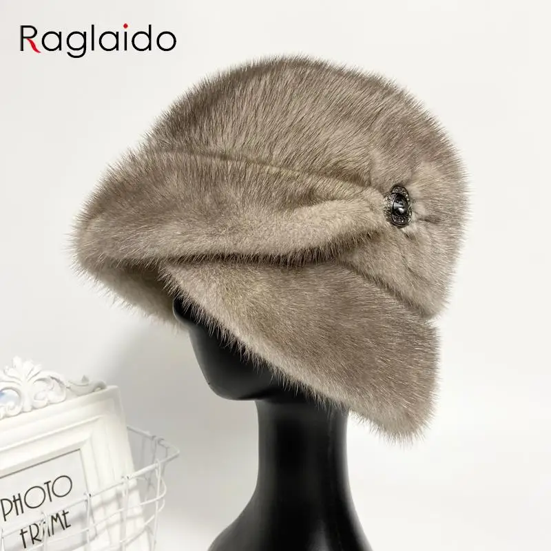 

Women's Genuine Mink Fur Bucket Hat Luxury Winter Snow Hat with Diamond Floral Design Fashion Warm Fedora