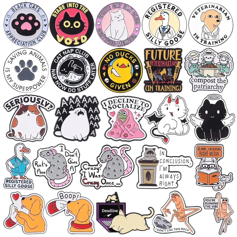 Cute Animal Enamel Brooch Lapel Pin Computer Book Cat Doctor Goose Dog Duck Mouse Metal Badge Punk Clothing Jewelry Friend Gift