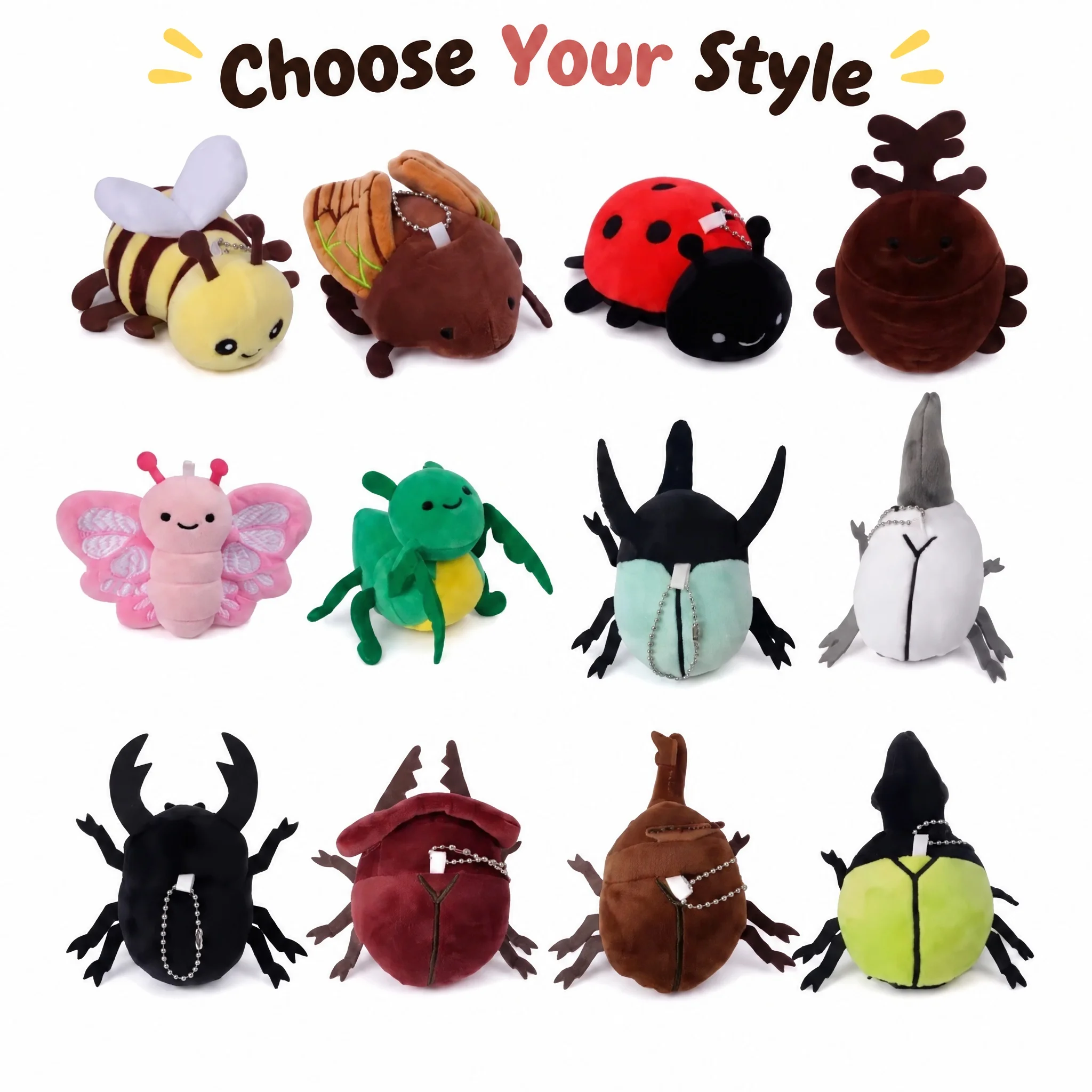 12Pcs Cute Insect Bug Plush Keychain Set, Peluche Insecto Stuffed Pendant, Bee Ladybug Beetle Doll, Kids Birthday Classroom Gift