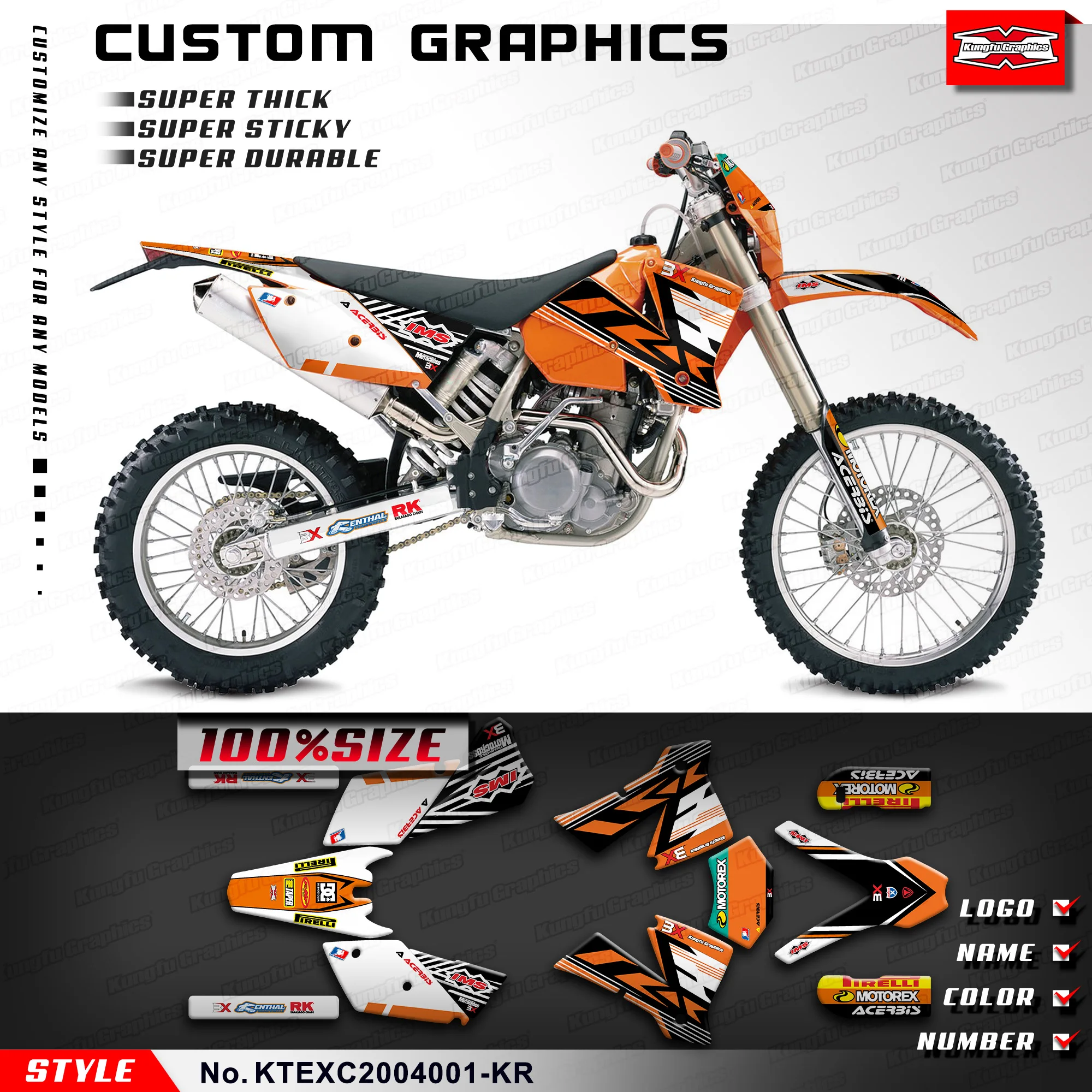 

KUNGFU GRAPHICS Motorbike Decal Full Wraps for KTM 125 200 250 300 400 450 525 EXC 2004, KTEXC2004001-KR