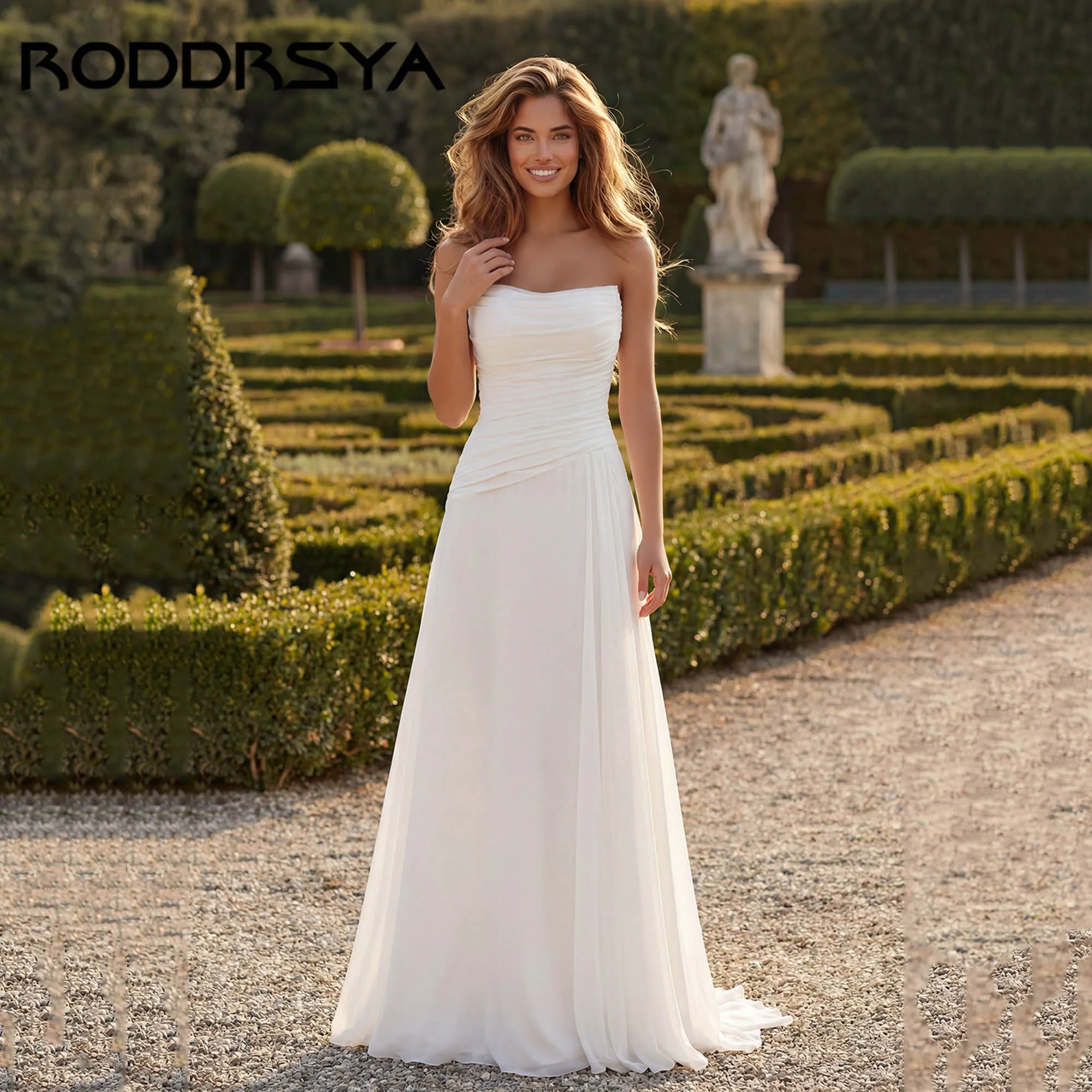 RODDRSY Minimalism Chiffon Pleat Bridal Dresses Wedding Civil A-line Strapless Woman Gowns Lace Up vestidos de noivas Customized