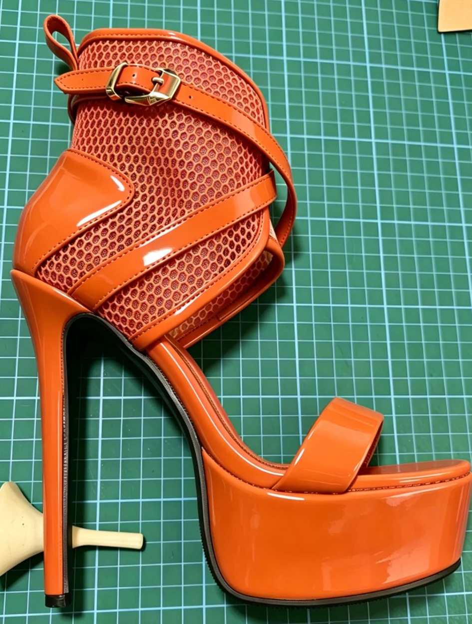 Chic pink leather hot chick mesh sandals women's open toe ankle strap high heels boots big size luxury designer party shoes