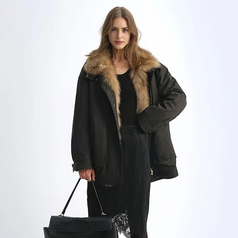 Schwarze Daunenjacken r Echtfuchspelz Jacke Gürtel Lose Puffer Parka Heißer Verkauf Damen Winterjacke