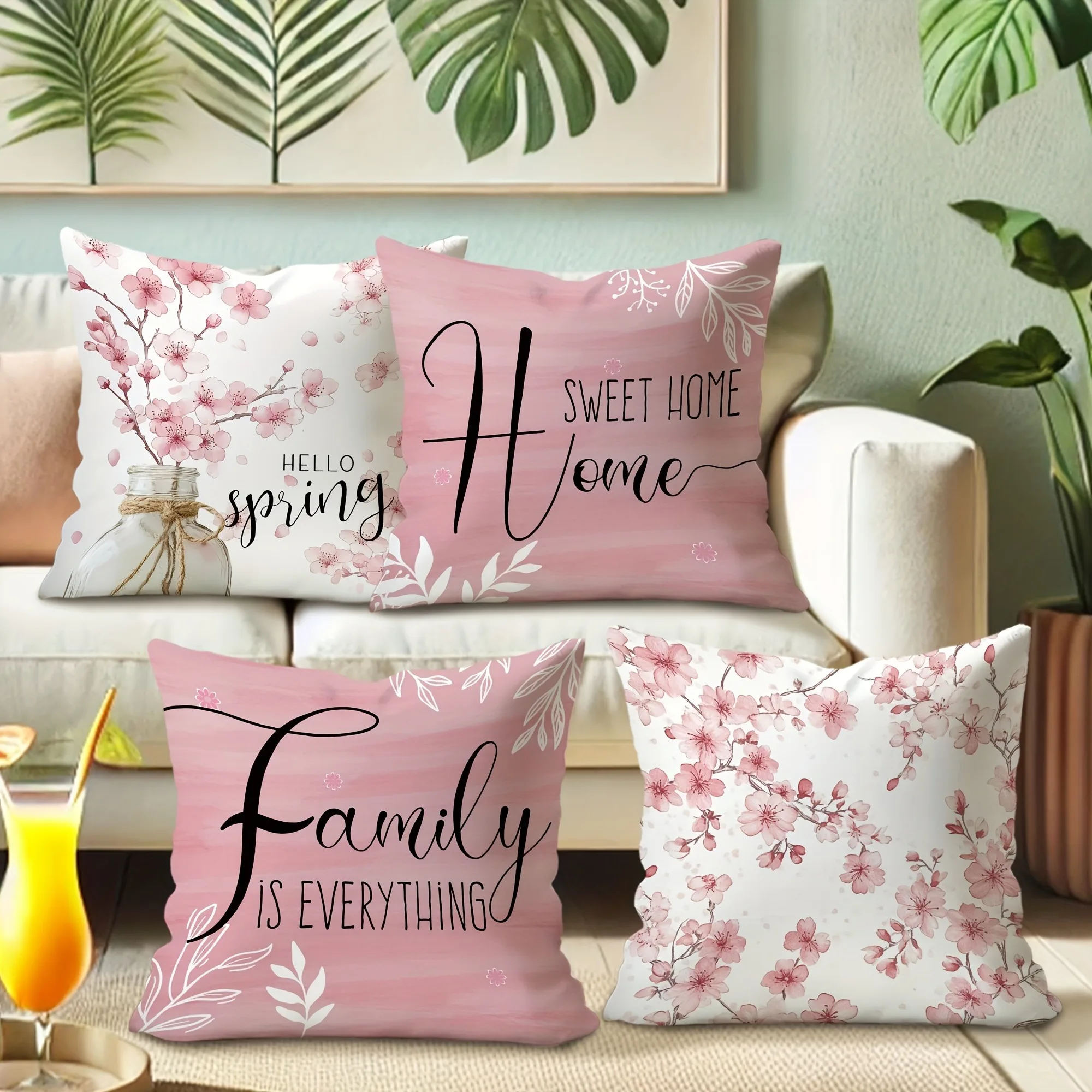 Blooming love pillow cover: cherry blossoms are romantic, warm home and family heart-warming words, sofa cushion cover