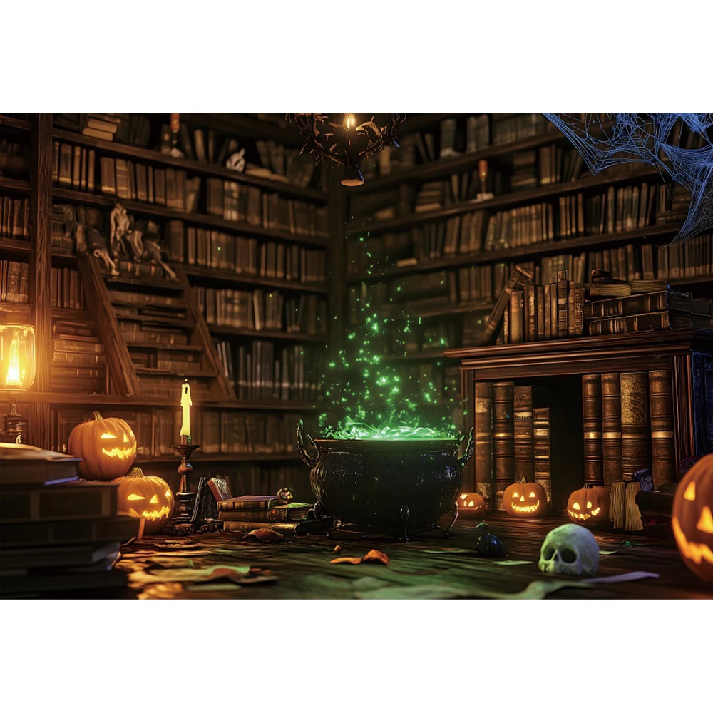 خلفية مكتبة هالوين عتيقة ، رف كتب عتيق ، كتب فوانيس يقطين ، حساء ساحر سحري ، ديكور خلفية تصوير هالو