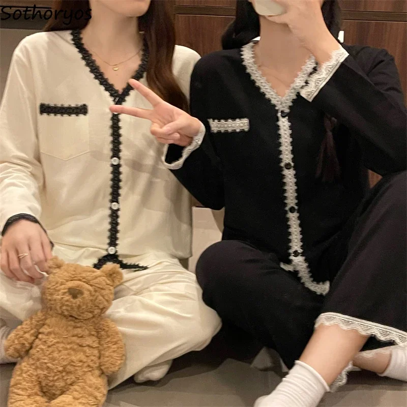 Pajamas for Women Baggy Panelled V-neck Sleepwear Home Casual Gentle Pockets All-match Classic Daily Spring Autumn Lounge Mujer