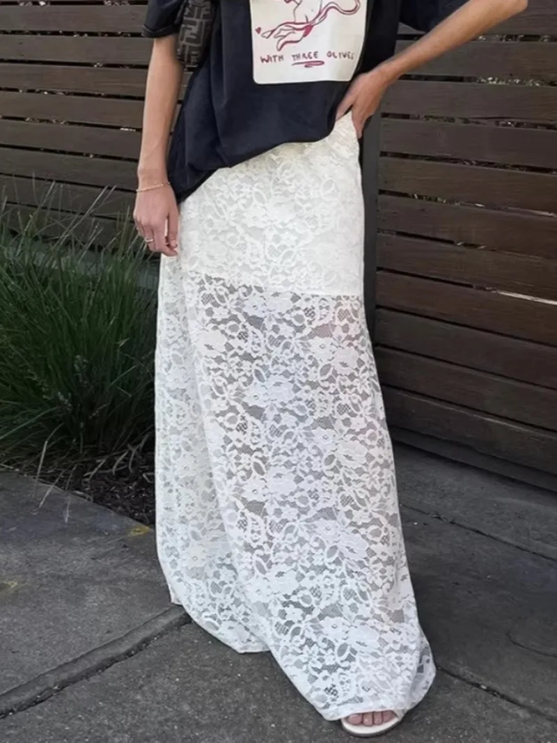

Woman Clothing Hollow Out Lace Skirts 2025 Summer Ladies Fashion High Waist Solid White Long Skirt Vacation Dress Streetwear