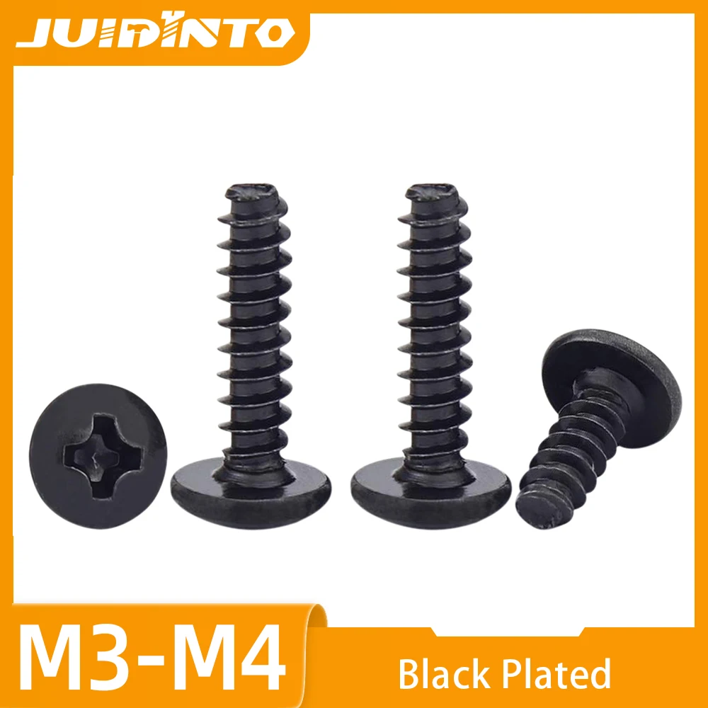 JUIDINTO Phillips Truss Head Cutting Tail Self Tapping Screws Black Plated Carbon Steel Recessed Cross Mashroom Head Screw M3 M4