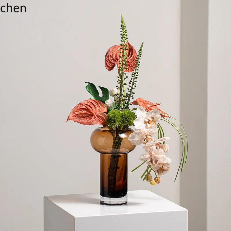 YFY Modern Light Color Artificial Floral Arrangement Dried Flowers High-End Coffee Color Art Glass Ornament for Living Room