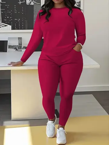 Casual and Fashionable New Solid Color Round Neck Long Sleeve Plus Size Women's Suit, Women's Two-Piece Set with Pockets