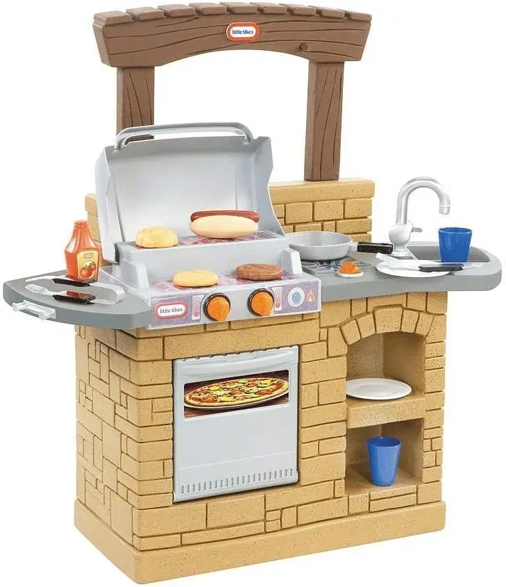 

Cook and Play Outdoor BBQ Play Toy Set, Kitchen Toys with Oven, Sink, Dual-level Grill, Brown, 42 Inch