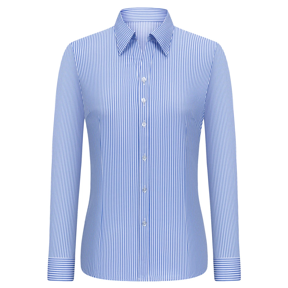 

Office Lady Collarless V-Neck Dress Shirts Women Stripe Long Sleeve Work Formal Female Blouses Shirts, Versatile for All Seasons
