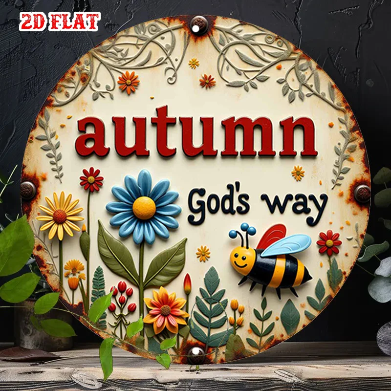 One Piece of 2D Flat Autumn-Themed Decorative Plaques Featuring Floral Designs, a Round Aluminum Sign with a Divine Message