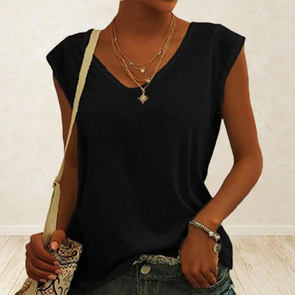 Women T-shirt Solid Color Sleeveless Pullover Simple V Neck Summer Top Loose Shirt Womens Blouses