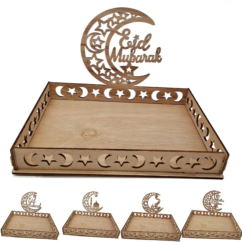 

Wooden Food Tray Ornament Islamic Muslim Party Decoration for Home 2022 Ramadan Kareem Gifts Eid Al Adha Supplies