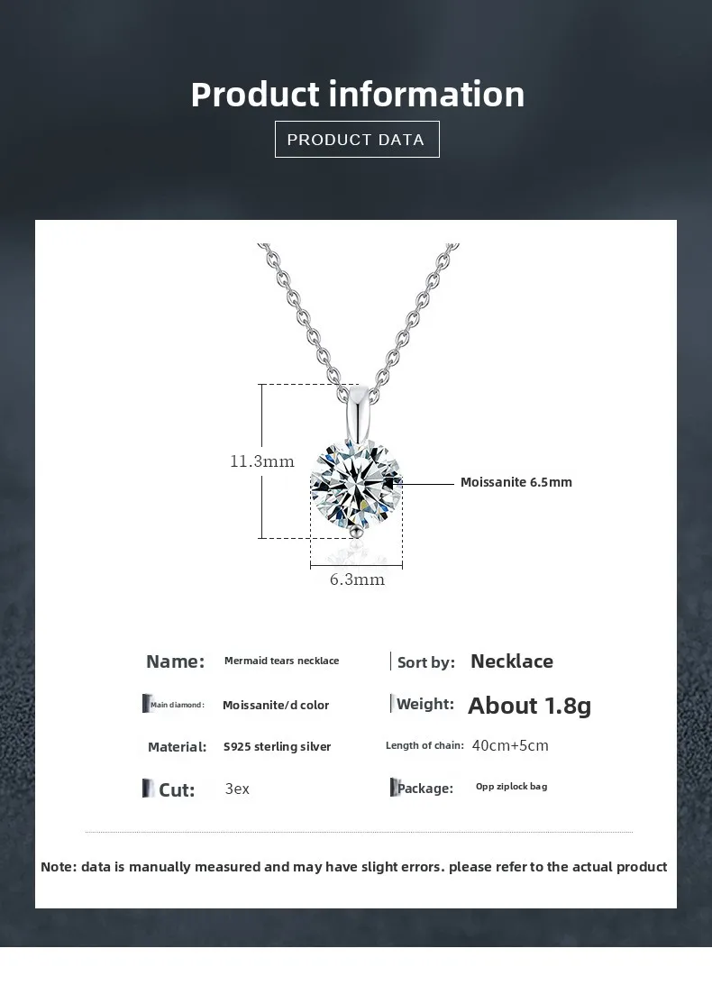 S925 الفضة الذهب الأبيض مطلي 1CT D اللون حورية البحر المسيل للدموع مويسانيتي قلادة قلادة للنساء ، أنيقة غرامة مجوهرات هدية