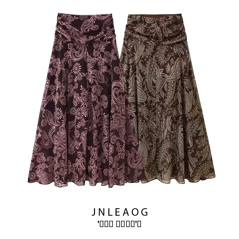 

JNLEAOG Autumn New Faionable Women's Midi Skirt with Large Flounce Chiffon Print Versatile Polyester Casual Stand Fit